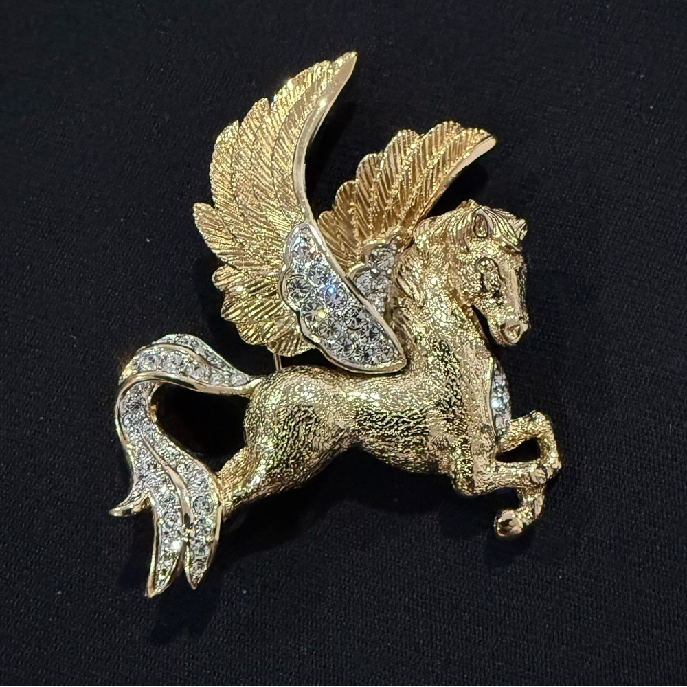 Attwood & Sawyer Pegasus Golden Guilloche Enamel Horse Brooch